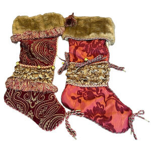 Vintage Christmas Stocking Red Gold Tapestry Brocade Faux Fur Trim Y2K 25 Inches